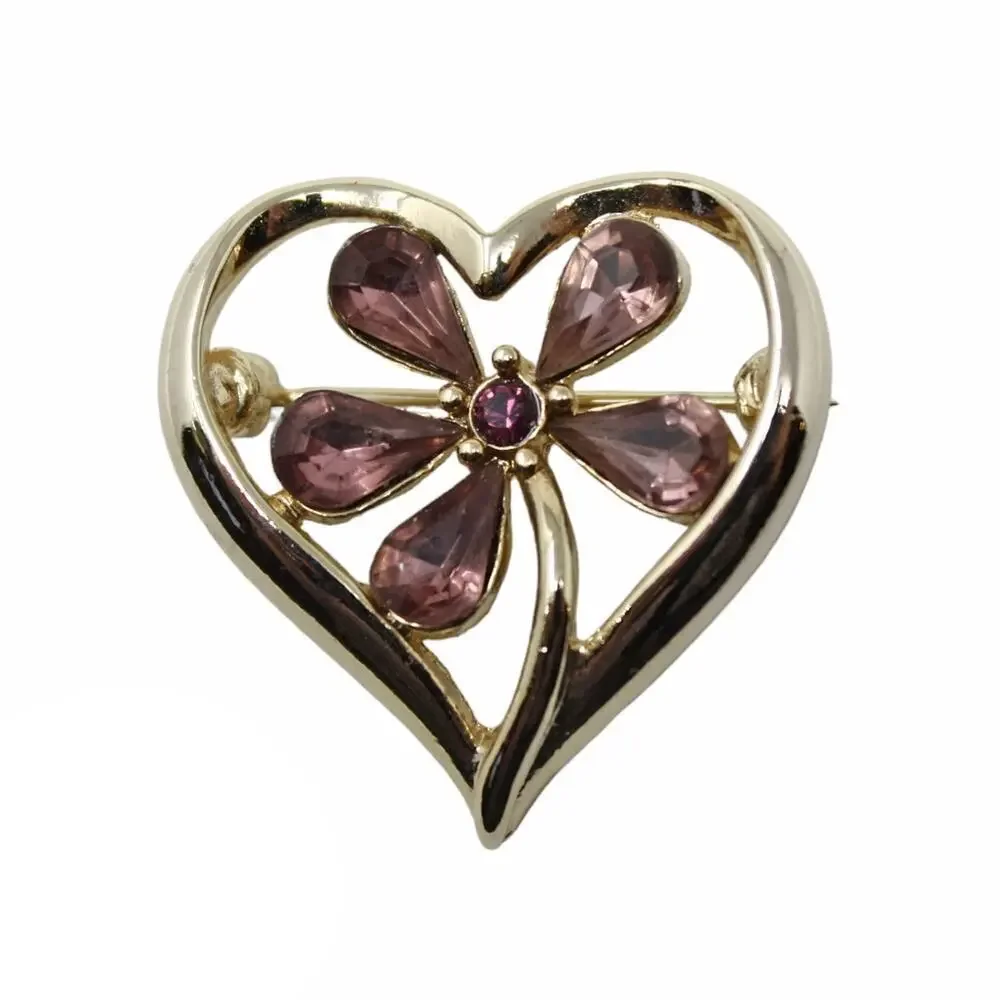 Vintage Monet Open Heart Pin Brooch Purple Rhinestone Flower Valentine - Hey Viv